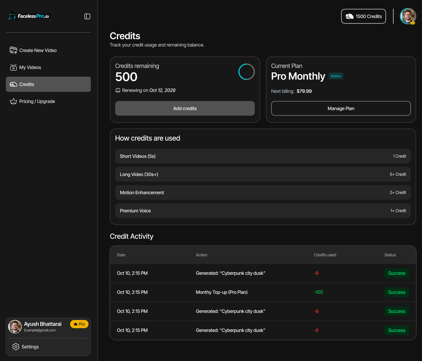 Credits & subscription dashboard